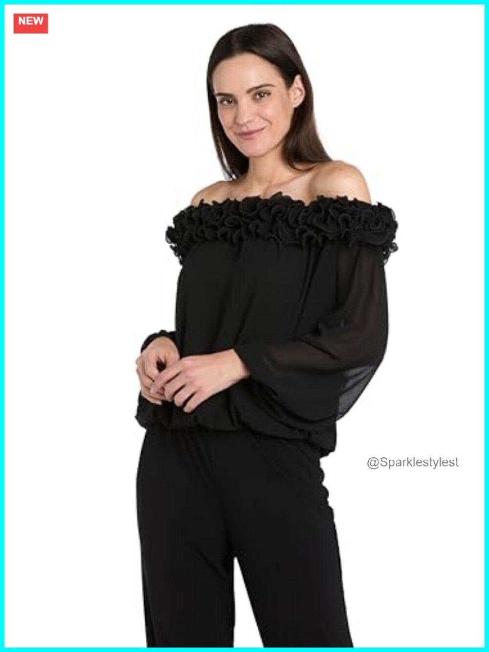 Chiffon Ruffle Blouse Smocked Waist Long Sleeve Blouson Occasion Top